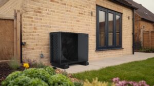 picture of a Grant Aerona 290 air source heat pump outside a red brick house