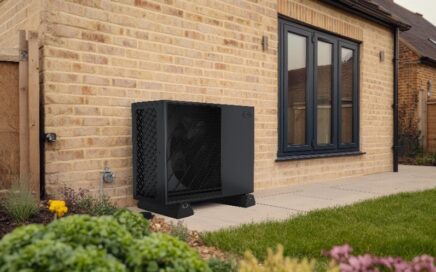 picture of a Grant Aerona 290 air source heat pump outside a red brick house