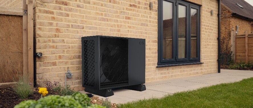 picture of a Grant Aerona 290 air source heat pump outside a red brick house